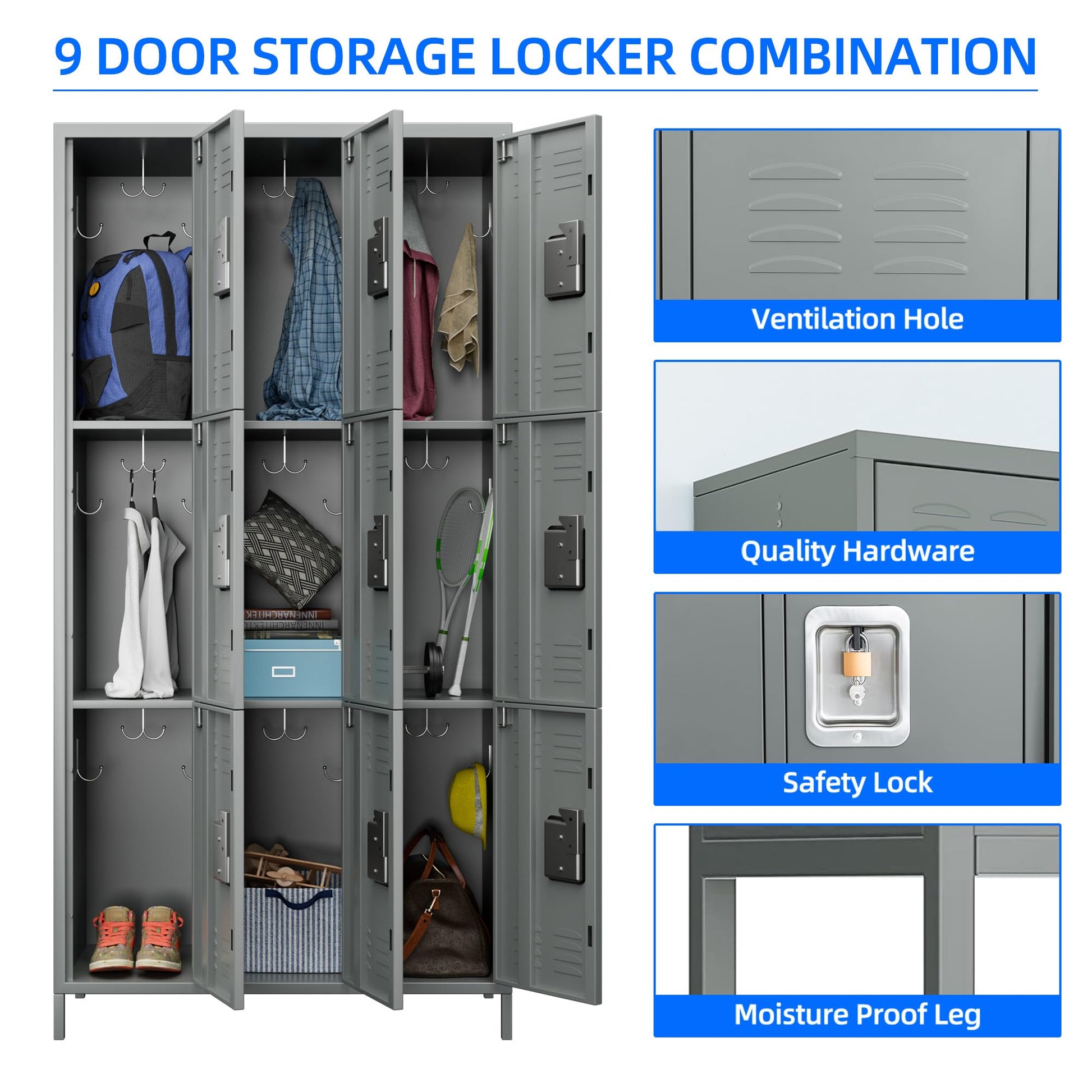 SUPEER Metal Lockers for Employees with Lock,Steel Storage Locker Cabinet with 18 Hooks&9 Doors,Locker Storage Cabinet for School Office Gym Bedroom,Assembly Required (9 Door-Light Grey) - WoodArtSupply