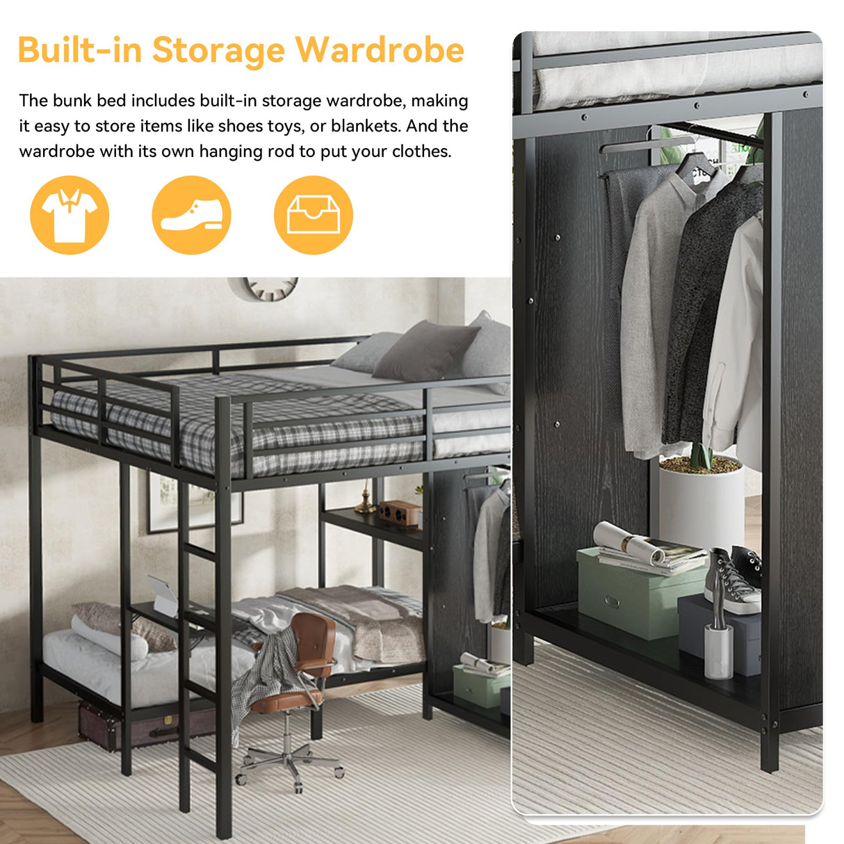 KT Rolster Bunk Bed Frame with Built-in Wardrobe King Over Twin XL Size, Metal Loft Bed with Foldable Desk and Storage Shelf, Black Bunk Beds King Size for Adults Teen Kids, No Box Spring Needed KT Rolster