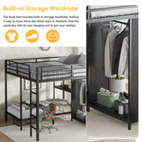 KT Rolster Bunk Bed Frame with Built-in Wardrobe King Over Twin XL Size, Metal Loft Bed with Foldable Desk and Storage Shelf, Black Bunk Beds King Size for Adults Teen Kids, No Box Spring Needed KT Rolster