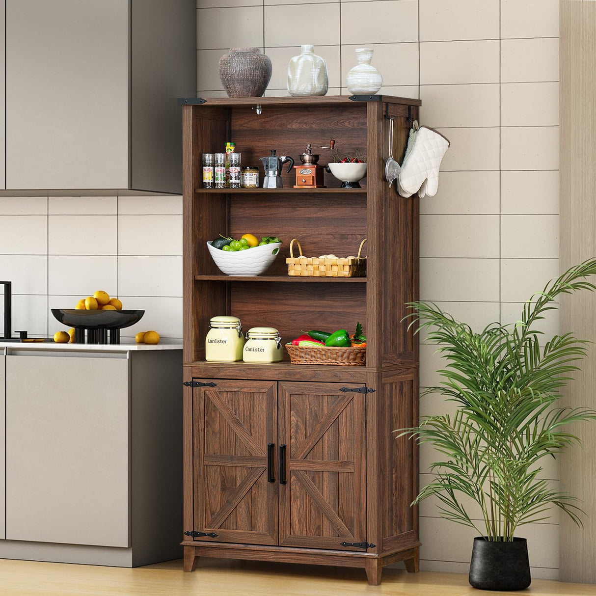 Joaxswe 70in Tall Bookshelf 5 Tier Bookcase with Barn Doors and Adjustable Shelves, Brown Farmhouse Book Shelf with Storage Cabinet, Wood Freestanding Display Bookshelves for Bedroom, Living Room Joaxswe