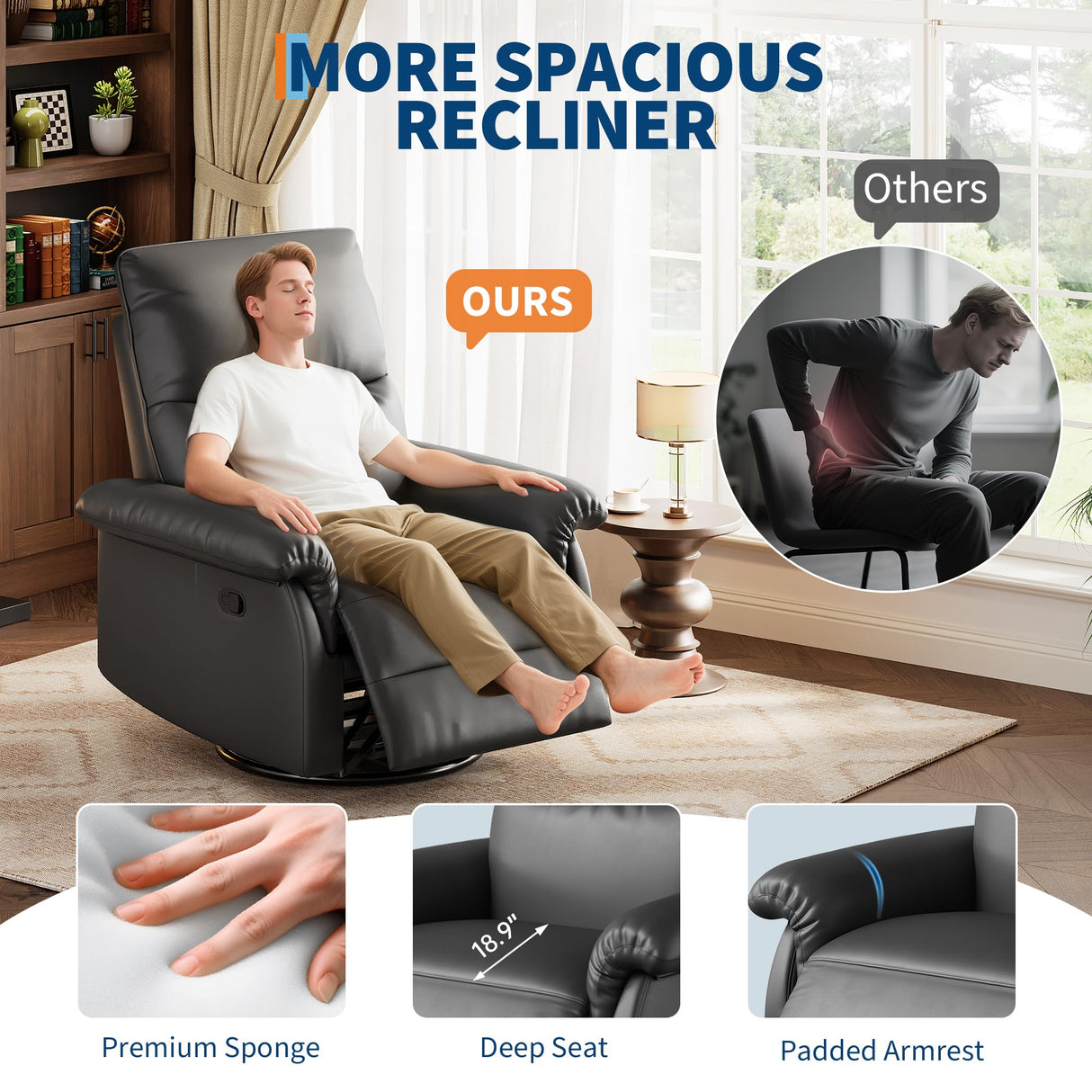 IDEALHOUSE Manual Recliner Chair, 360° Swivel Rocker Glider Recliner with Padded Armrests, Modern PU Leather Upholstered Reclining Chair for Living Room Bedroom and Nursery (Black) IDEALHOUSE