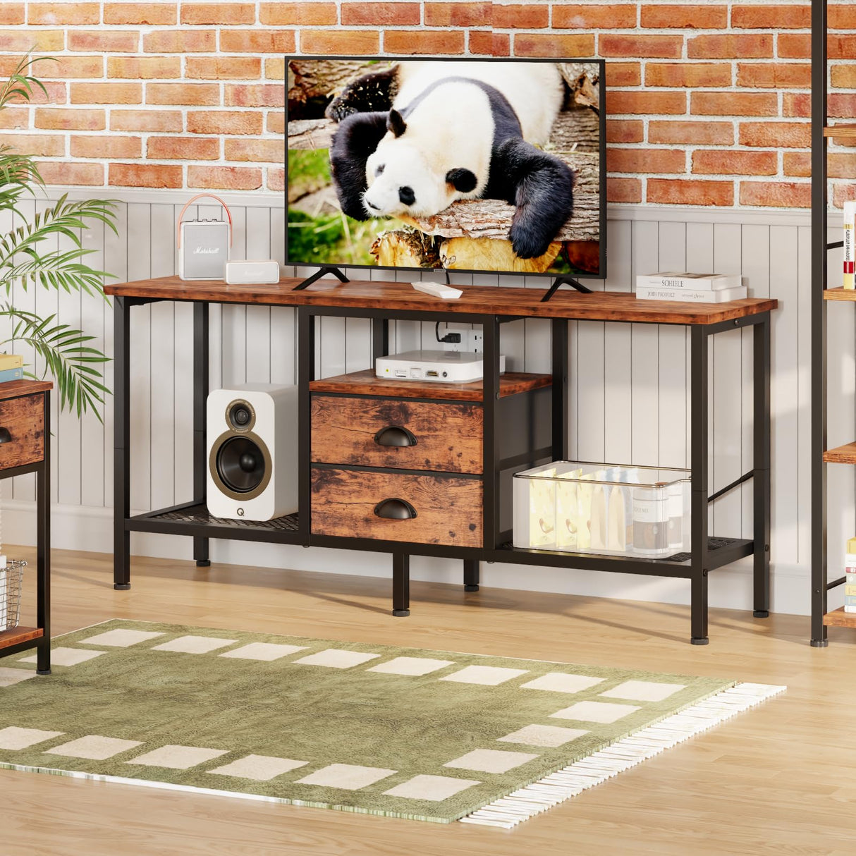 Furologee TV Stand with 2 Fabric Drawers, 42 Inch Small Entertainment Center with Open Storage Shelves, Media Console Table for Bedroom, Living Room, Rustic Brown Furologee