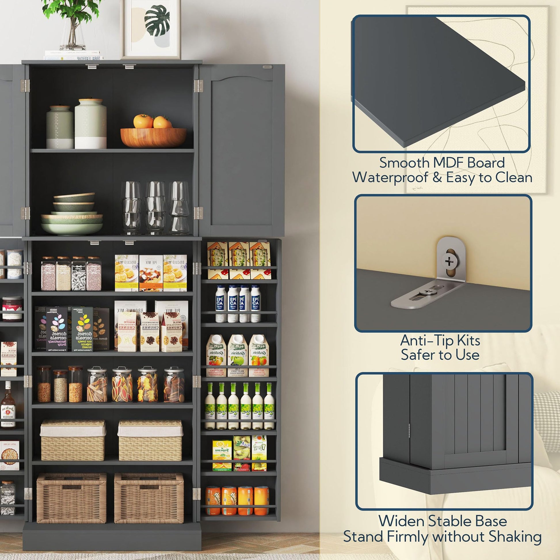 Yusong Tall Kitchen Pantry Storage Cabinet with Doors and Shelves, Wooden Food Pantry Farmhouse Cupboard Freestanding Buffet for Kitchen Dining, Grey - WoodArtSupply