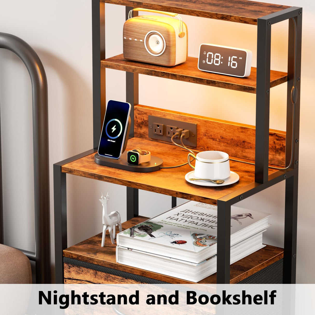 Furnulem Night Stand, Tall Nightstand with 4-Tier Shelves and 3 Fabric Drawers, LED Bed Side Tables with Charging Station, Bedside Table for Bedroom, Hallway, Office, Rustic Brown Furnulem