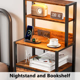Furnulem Night Stand, Tall Nightstand with 4-Tier Shelves and 3 Fabric Drawers, LED Bed Side Tables with Charging Station, Bedside Table for Bedroom, Hallway, Office, Rustic Brown Furnulem