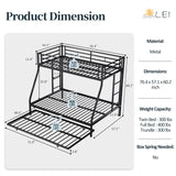 SUNLEI Bunk Bed Twin Over Full with Trundle, Twin Trundle Bed with Daybed, Metal Bunk Bed with 2 Secured Ladders, Safety Guard, Noise Free for Small Bedroom, Black (with Trundles, Twin Over Full) SUNLEI