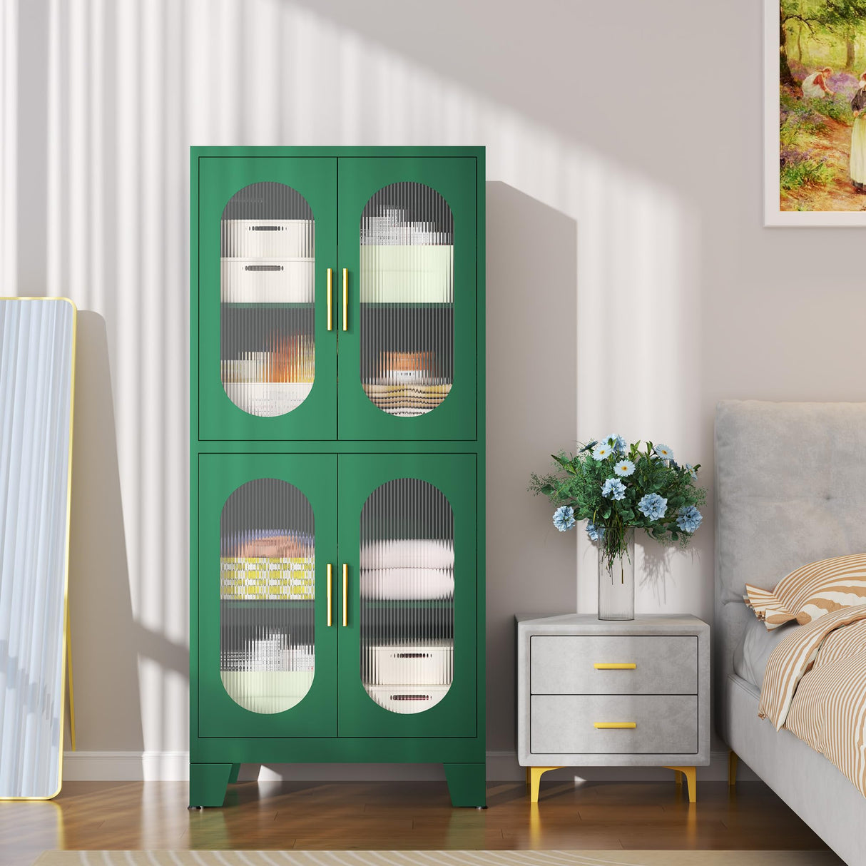 pozdeg Metal Storage Cabinet,Pantry Kitchen Storage Cabinets with 4 Doors,2 Adjustable Shelf，Floor Storage Cabinet for Kitchen, Laundry Room, Home Office, Kids Room（Green） pozdeg