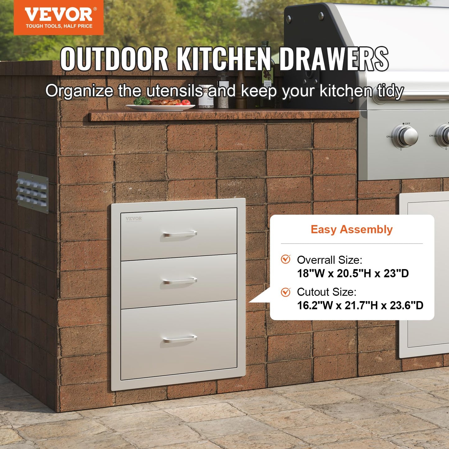 VEVOR 18x23 Inch Outdoor Kitchen Stainless Steel Triple Access BBQ Drawers with Chrome Handle, 18"W x 20.5"H x 23"D