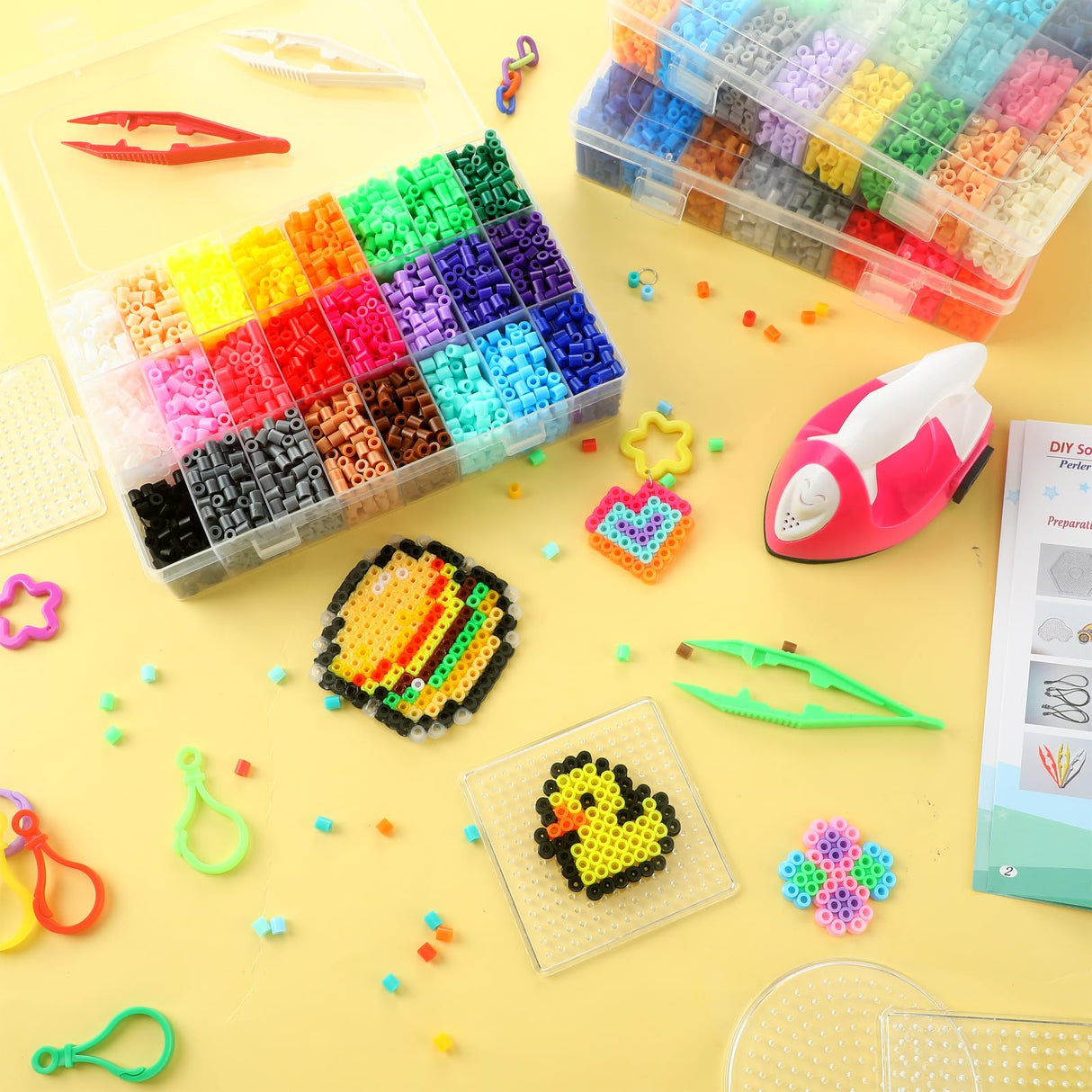 Fuse Beads Set of 72 Colors, 12600 Pcs 5mm Fuse Beads with Portable Mini Iron 5 Pegboards 5 Iron Paper 5 Adhesive Magnetic Discs 5 Tweezers 16 Keychains 8 Key Ropes with Hooks Booklet for Kids Yuxung