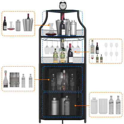 IDEALHOUSE Corner Bar Cabinet, Wine Bar Cabinet with Large Storage Space and Detachable Wine Rack, Wine Cabinets with Glass Holder and Mesh Door for Dining Room, Living Room, Kitchen (Black) - WoodArtSupply