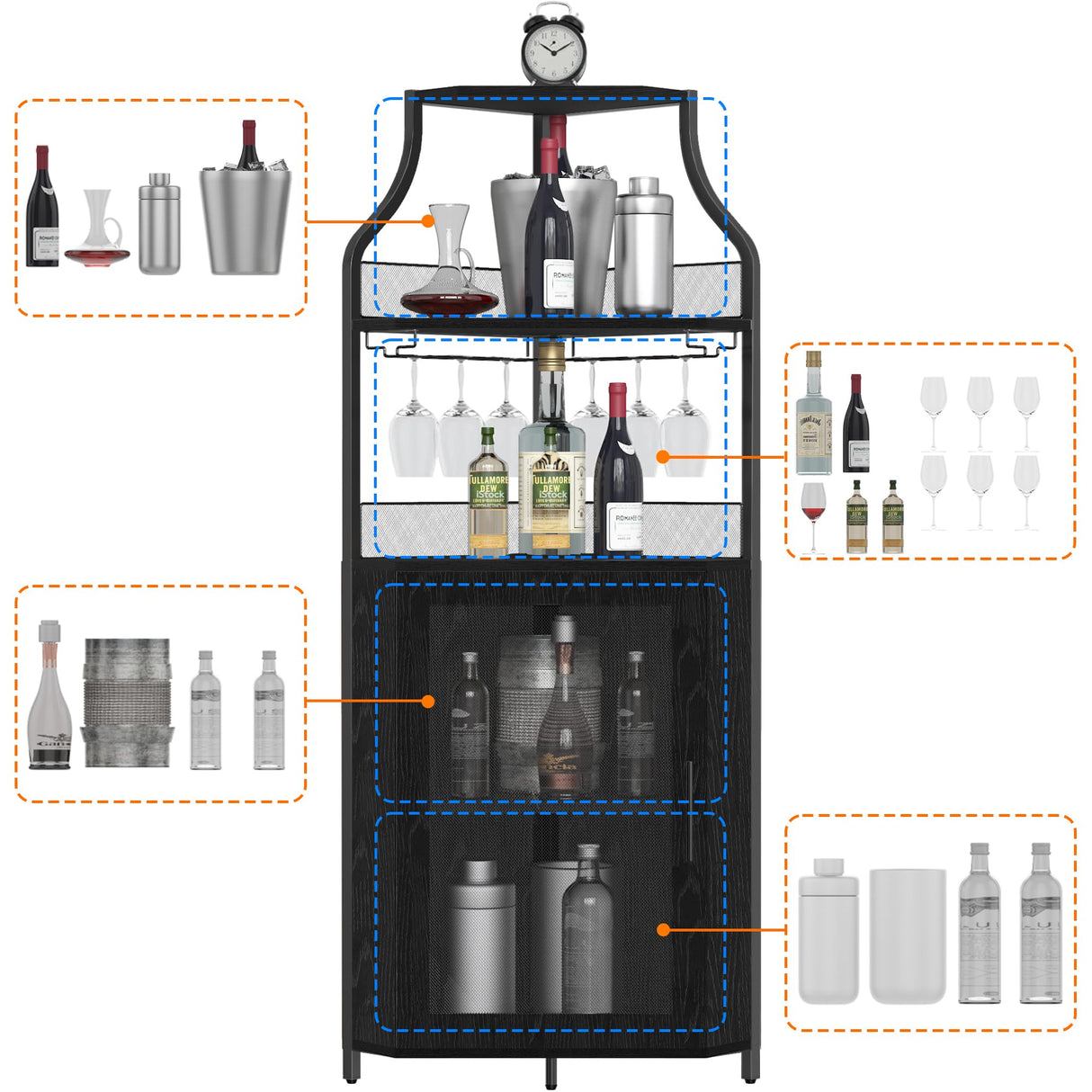 coucheta Corner Bar Cabinet, Wine Bar Cabinet with Glass Holder and Large Storage Space, Corner Liquor Cabinet with Mesh Door and Adjustable Shelf, Black coucheta