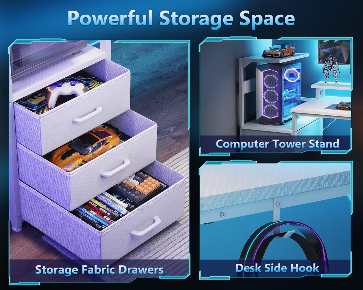 AODK 59 Inch Gaming Desk with USB Charging Ports & LED Light- Reversible Computer Desk with Storage Shelves & Monitor Stand, Modern Gamer Desk Table with Fabric Drawers & Side Hook, Carbon Fiber White AODK