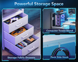 AODK 59 Inch Gaming Desk with USB Charging Ports & LED Light- Reversible Computer Desk with Storage Shelves & Monitor Stand, Modern Gamer Desk Table with Fabric Drawers & Side Hook, Carbon Fiber White AODK