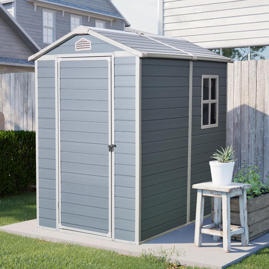 6x4 FT Resin Outdoor Storage Shed with Floor,All-Weather Outdoor Shed with Lockable Door,Window & Sloped Roof,Plastic Outside Tool Storage for Garden,Backyard,Patio,Lawn,Gray