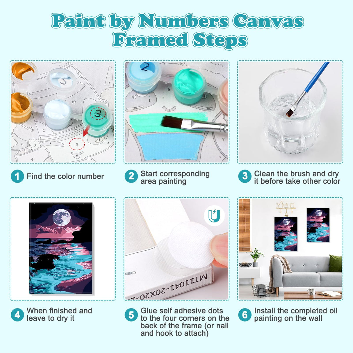 MOGTAA Moon Night Paint by Number Kit for Adults Beginners Framed, Adult Paint by Number Kits On Canvas, Easy Adults' Paint-by-Number Kits, DIY Seaside Oil Painting Kits for Home Decor, 8x12in MOGTAA