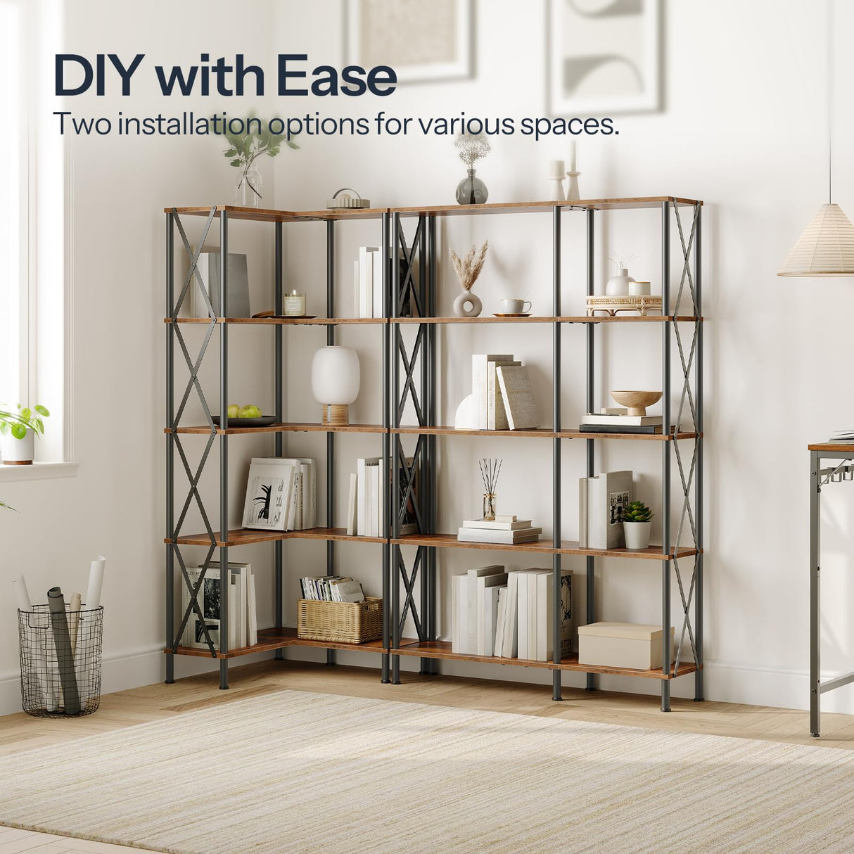 HOOBRO Corner Bookshelf, 5-Tier L-Shaped Bookcase, Industrial Open Display Shelf Tall Storage Organizer, Vertical Storage Rack, for Living Room, Home Office, Rustic Brown and Black BF60SJ01 HOOBRO