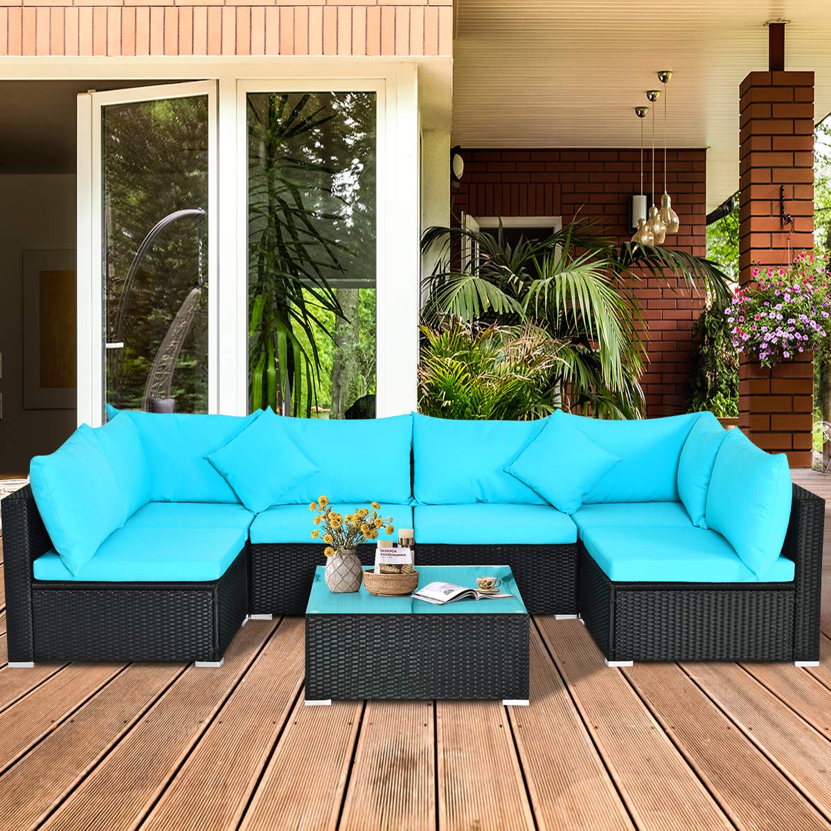 COSTWAY 7 Pieces Patio Furniture Set, Outdoor Rattan Conversation Set with 6 Seats, Coffee Tea Table, Soft Cushions, Wicker Patio Sectional Sofa for Garden Balcony Porch Poolside, Turquoise COSTWAY