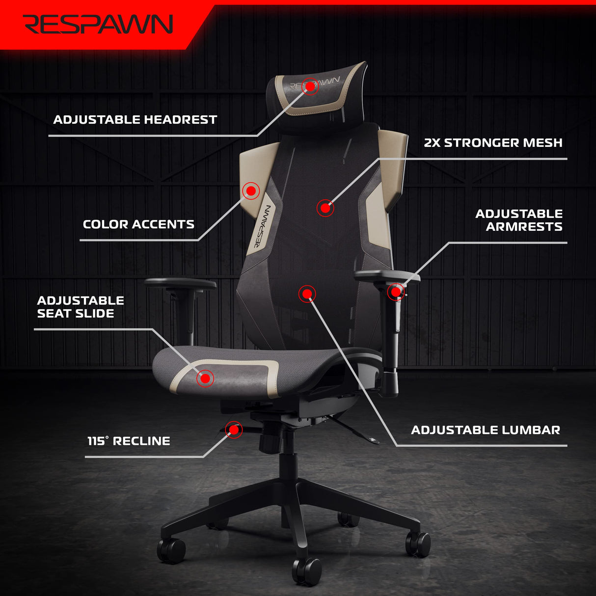 RESPAWN FLEXX Mesh Gaming Chair with Lumbar Support, Ergonomic Gaming Chair with Recline/Tilt Tension Controls, Adjustable Arms, 300lb Max Weight with Wheels for Computer/Desk/Office - Brown RESPAWN
