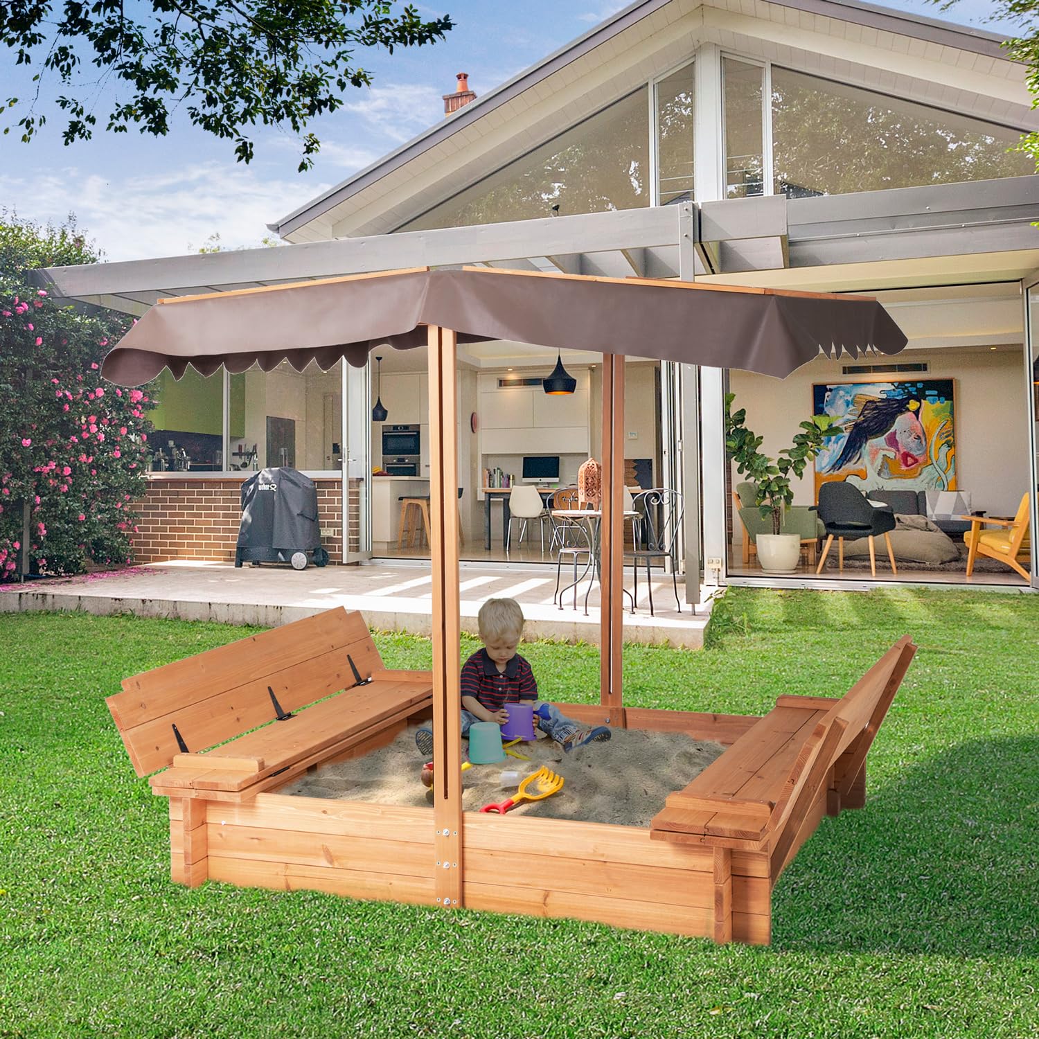 AIUEKES Kids Wooden Sandbox with Adjustable Canopy, Sand Box with Foldable Bench Seats for Aged 3-8 Years Old, Outdoor Sand Pit for Backyard Garden. - WoodArtSupply