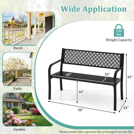 Tangkula 50 Inches Outdoor Garden Bench, Metal Patio Park Bench with Geometric Lattice Backrest, Armrests and Slatted Seat, Outdoor Loveseat Chair for Porch, Lawn and Yard (Black) Tangkula