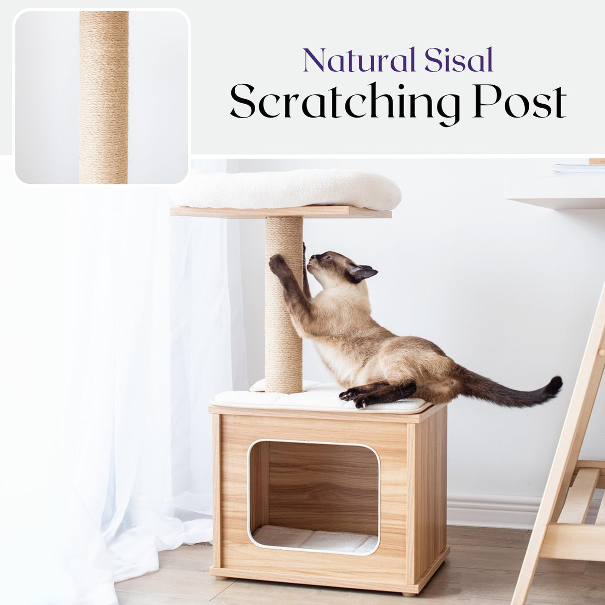 Catry 29.7" Tall 3 Level Laminated Wood Cat Tree with Large Base Condo, 2 Paded Steps, Natural Jute Scratching Post, Sturdy and Easy to Assemble for Small Cat, Brown Catry