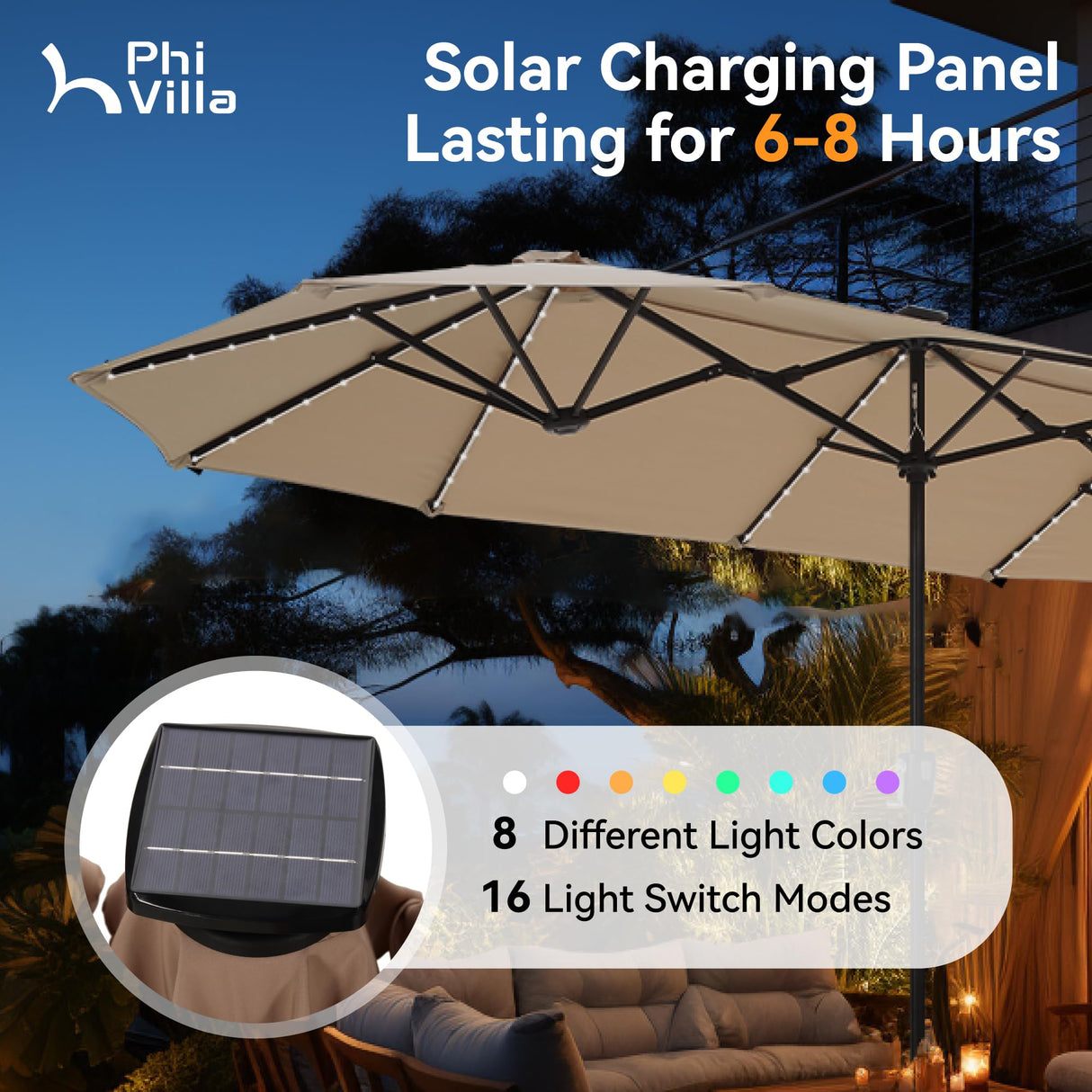 PHI VILLA 13ft Large Patio Umbrella with Solar Lights, Double-Sided Outdoor Market Rectangle Umbrella with 120 PCS LED Lights, Beige (No Base) PHI VILLA