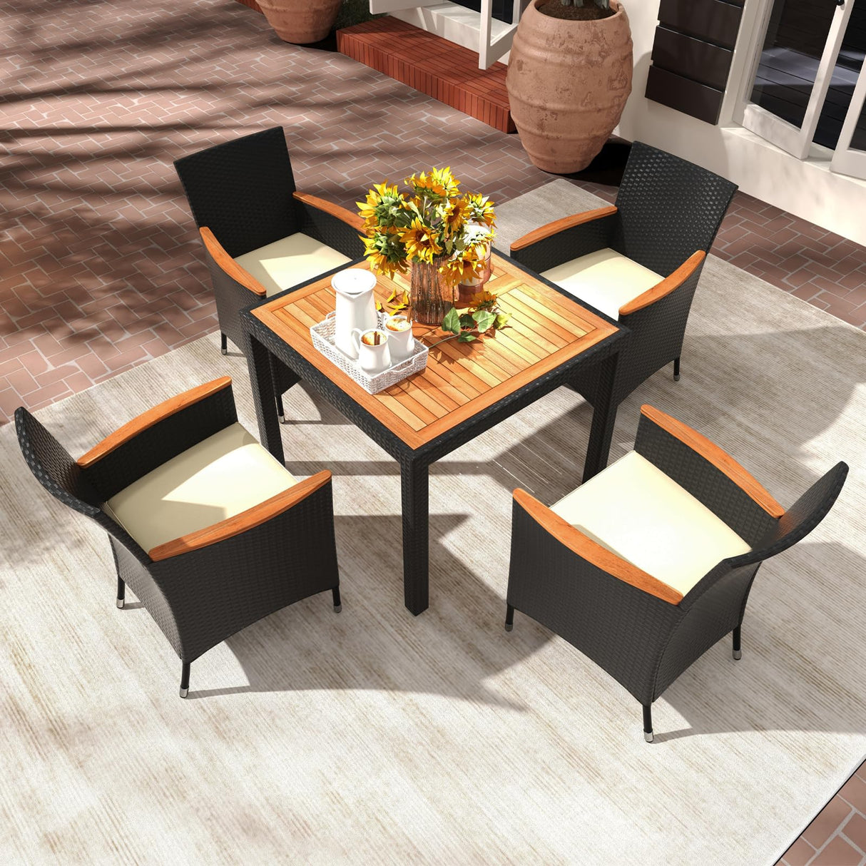 Tangkula 5 Pieces Patio Dining Table Set for 4, Rattan Conversation Set with Umbrella Hole, Seat Cushions & Acacia Wood Tabletop, Outdoor Dining Table with 4 Chairs for Backyard, Poolside & Deck Tangkula