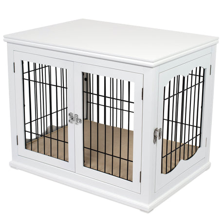 BIRDROCK HOME Decorative Dog Kennel with Pet Bed - Small Indoor Pet Crate, Double Door Design, Engineered Wood & Metal Wire, Furniture-Style House for Small Dogs, Side Table or Nightstand, White BIRDROCK HOME