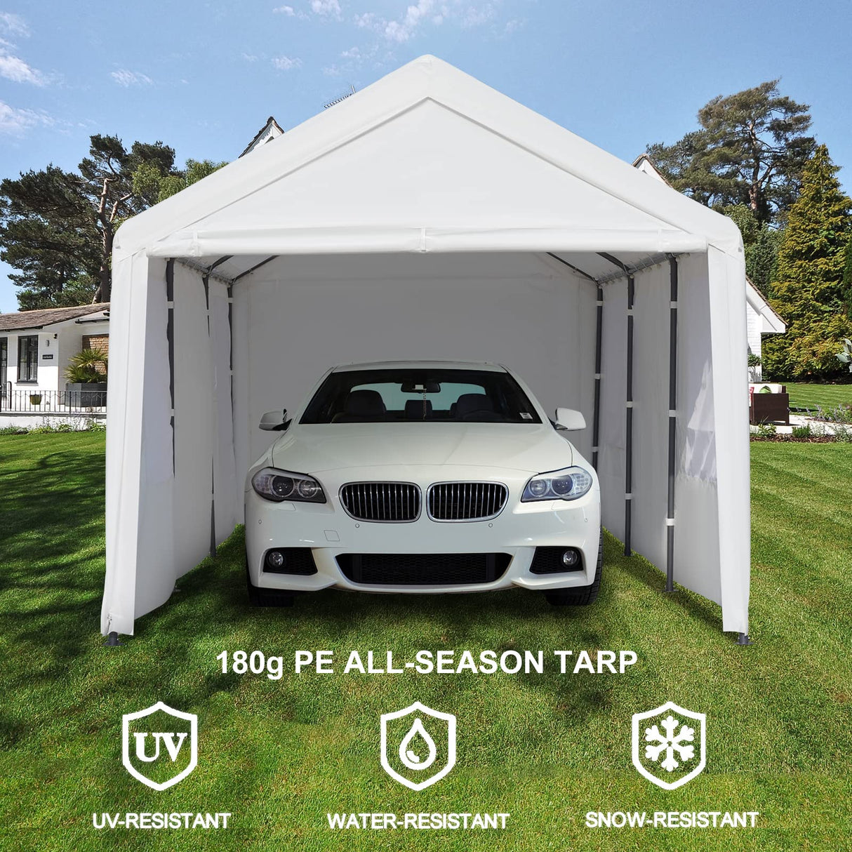 Gardesol Carport, 10' x 20' Heavy Duty Carport with Roll-up Ventilated Windows, Portable Garage with Removable Sidewalls & Doors for Car, Truck, Boat, Car Canopy with All-Season Tarp, White Gardesol