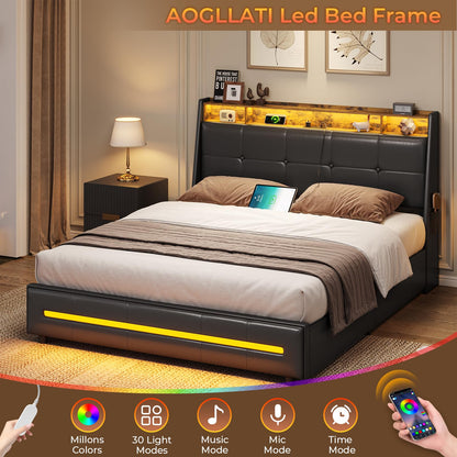 AOGLLATI Queen Bed Frame with LED Storage Headboard and Charging Station - WoodArtSupply