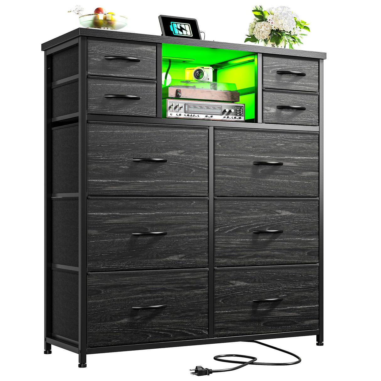 Romorgniz Dresser for Bedroom with 10 Drawers Featuring LED Light and Power Outlet, Fabric Dressers & Chest of Drawers with Open Shelves for Hallway, Living Room, Metal Frame,Wood Top,Grain Black Romorgniz