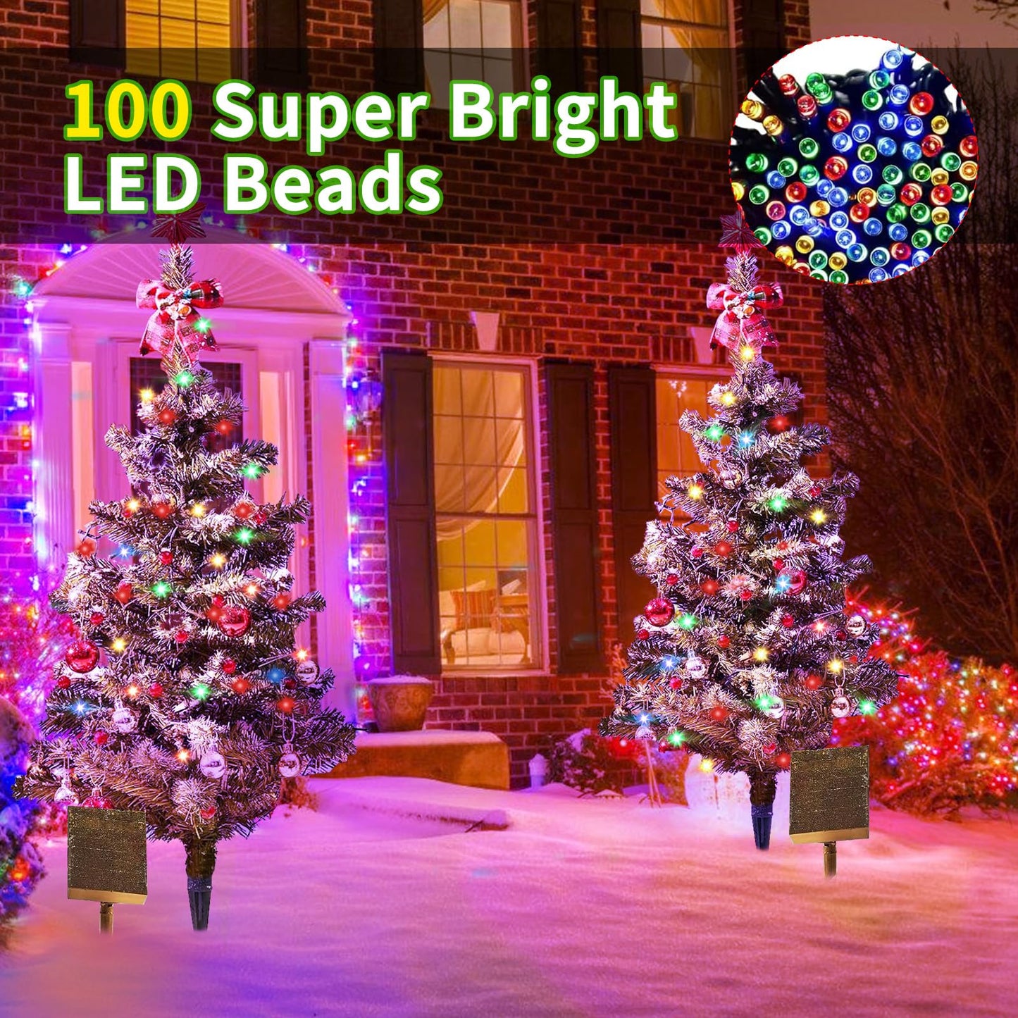 Solar Christmas Tree Lights Outdoor Decoration, 39 Inch Solar Powered Tree Lights with 100 LEDs, 8 Flashing Patterns with Ornaments for Outdoor Paths, Gardens, Yard Christmas Decorations 1PCS