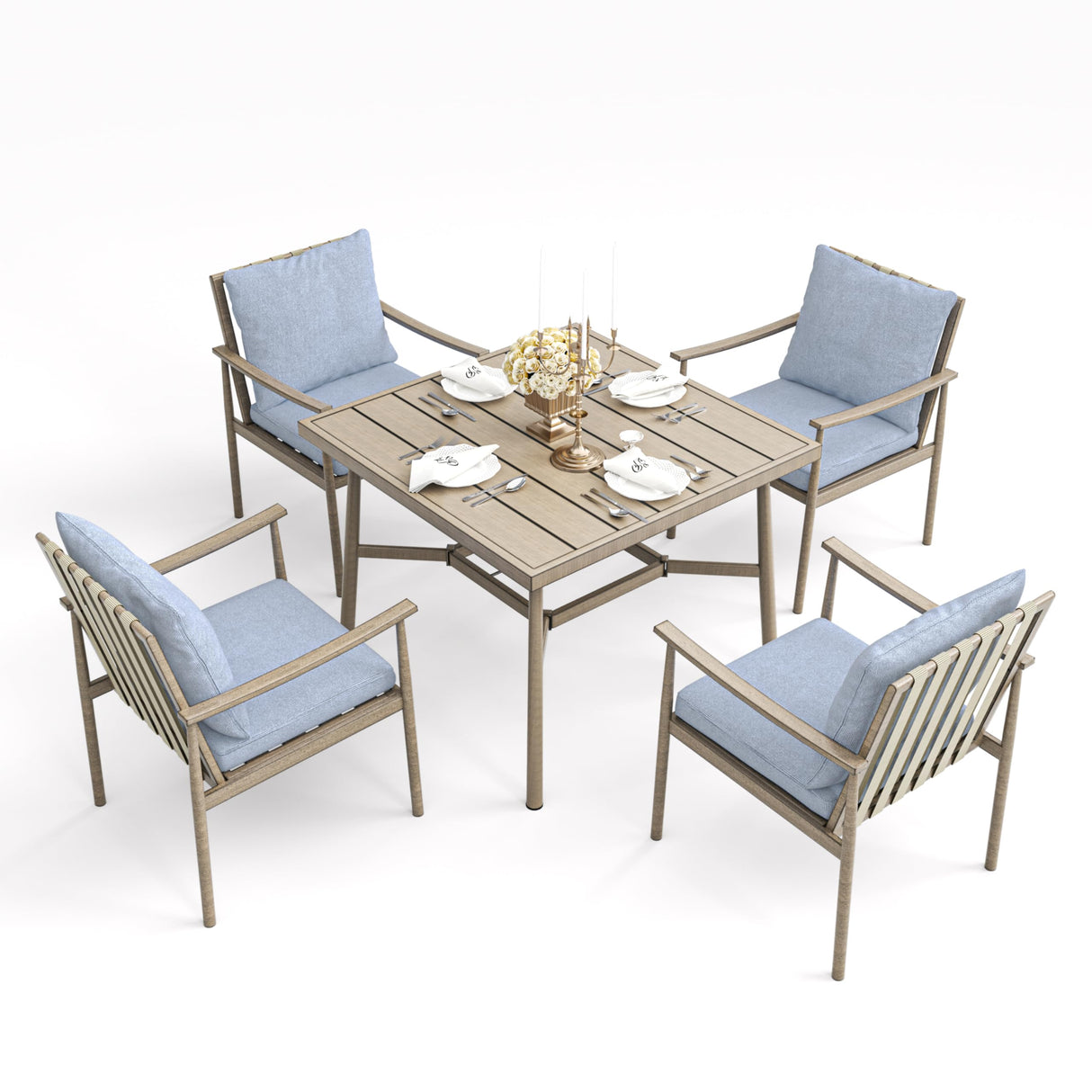 HAPPATIO 5-Piece Outdoor Dining Set for 4, Aluminum Patio Dining Set Includes 1 Large Square Table with Umbrella Hole and 4 Dining Chairs, Patio Furniture Set for Lawn, Porch, or Backyard (Brown) HAPPATIO