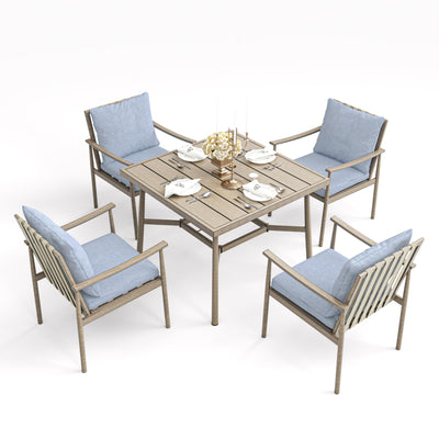 HAPPATIO 5-Piece Outdoor Dining Set for 4, Aluminum Patio Dining Set Includes 1 Large Square Table with Umbrella Hole and 4 Dining Chairs, Patio Furniture Set for Lawn, Porch, or Backyard (Brown)
