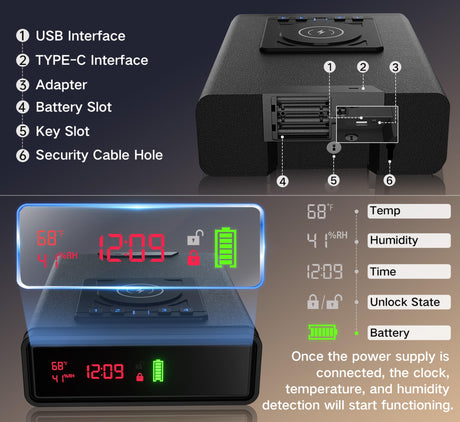 Biometric Smart Safe with Wireless Charging for Phone and Watch, 3 Quick Access Stopbox with Fingerprint Backlit Keypad - Compact Nightstand Drawer with LED Light, 24/7 Digital Clock, Bedside, Office ORARAER