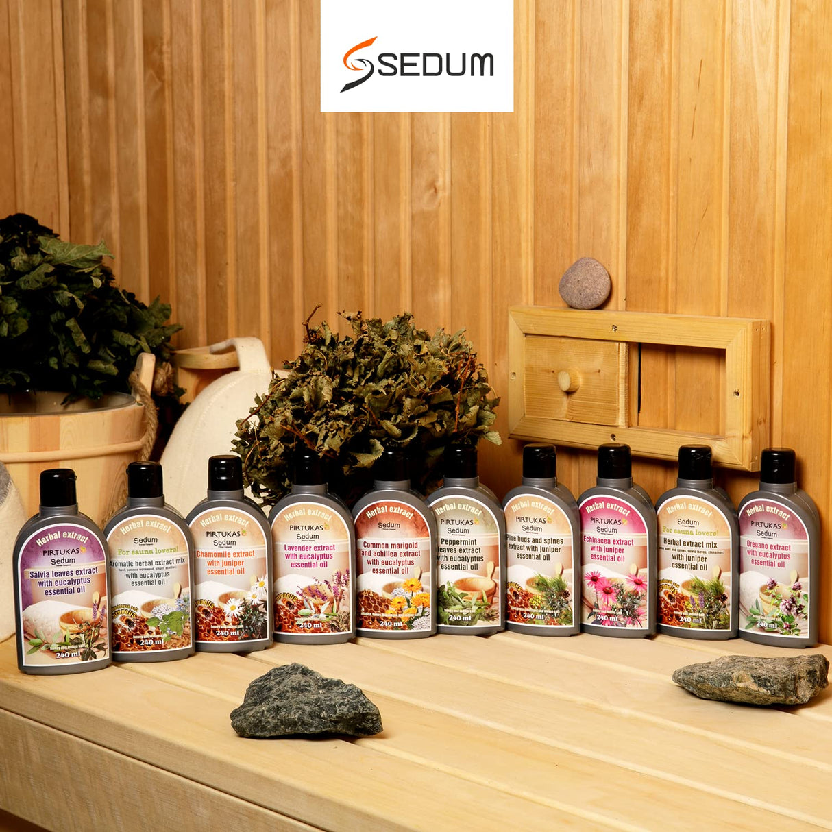 Sedum Natural Herbal Extract for Sauna, Massage, Broom Soaking - Sauna Infusion with Peppermint Leaves Extract with Eucalyptus Essential Oil, Honey and Iodine Salt - 240ml Sedum