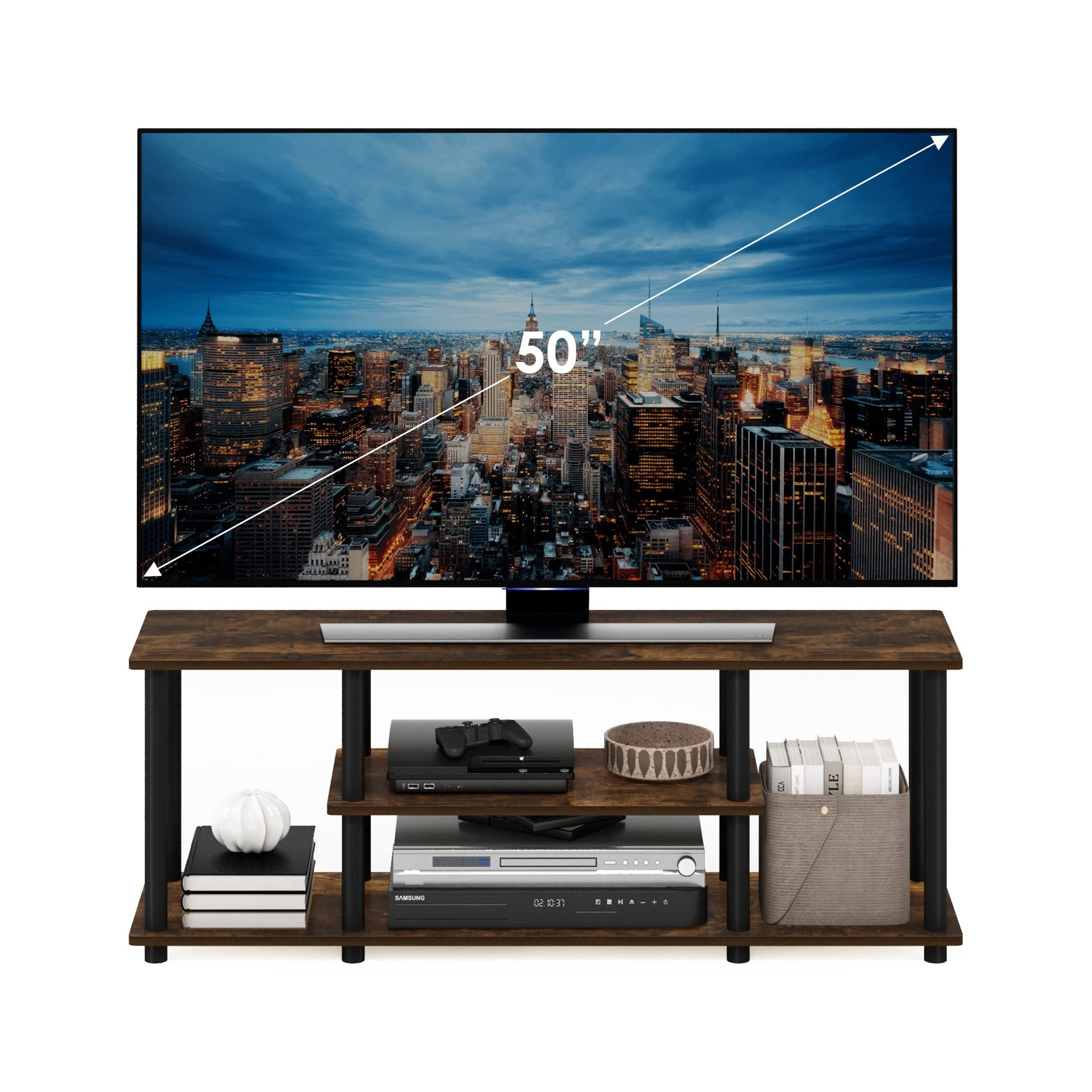 Furinno Turn-N-Tube No Tools 3D 3-Tier Entertainment Stand up to 50 inch TV, Amber Pine/Black - WoodArtSupply