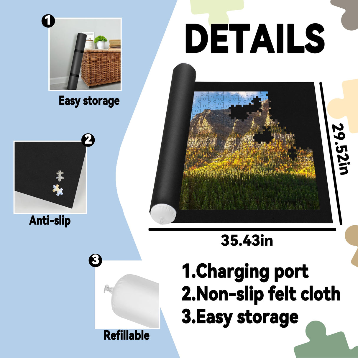 Jigsaw Puzzle Mat Roll Up - 2000 Pieces, 1500, 1000 Pieces Saver Large Black Puzzles for Adults Kids, Storage and Transport Premium Pump Glue Felt Mat Inflatable Tube Holder Organizer Pad Keeper Genovega