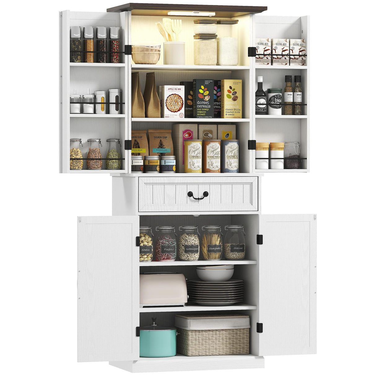 HOMCOM 71" LED Kitchen Pantry Cabinet, Farmhouse Tall Freestanding Storage Cabinet with Door Shelves, Adjustable Shelves and Drawer for Kitchen and Dining Room, Distressed White HOMCOM