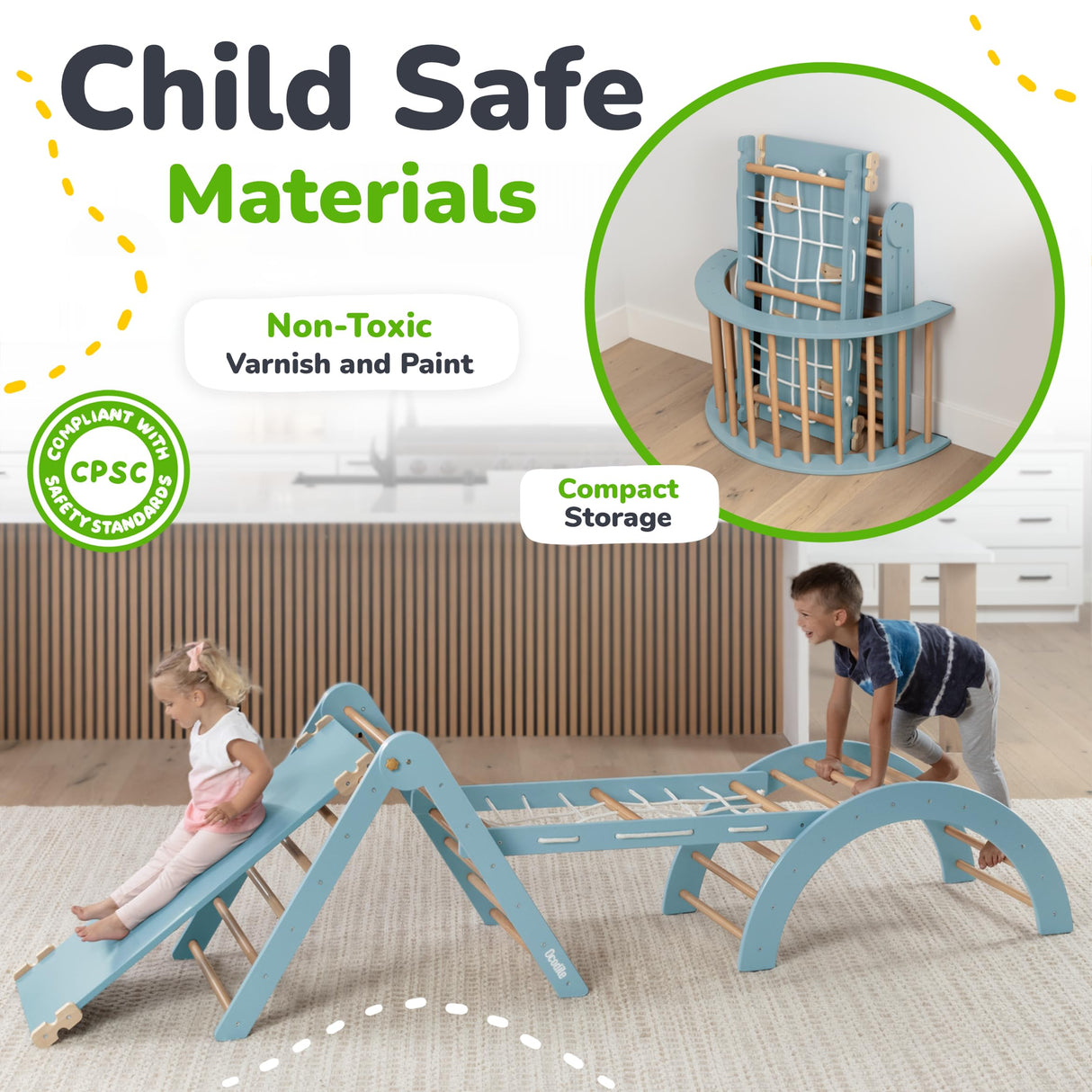 Ocodile Extra-Large 6-in-1 Pikler Triangle Climbing Set – Oversized Montessori Climbing Toys for Toddlers – Spacious Indoor Wooden Play Gym for Kids Ages 2-6 – Blue Ocodile