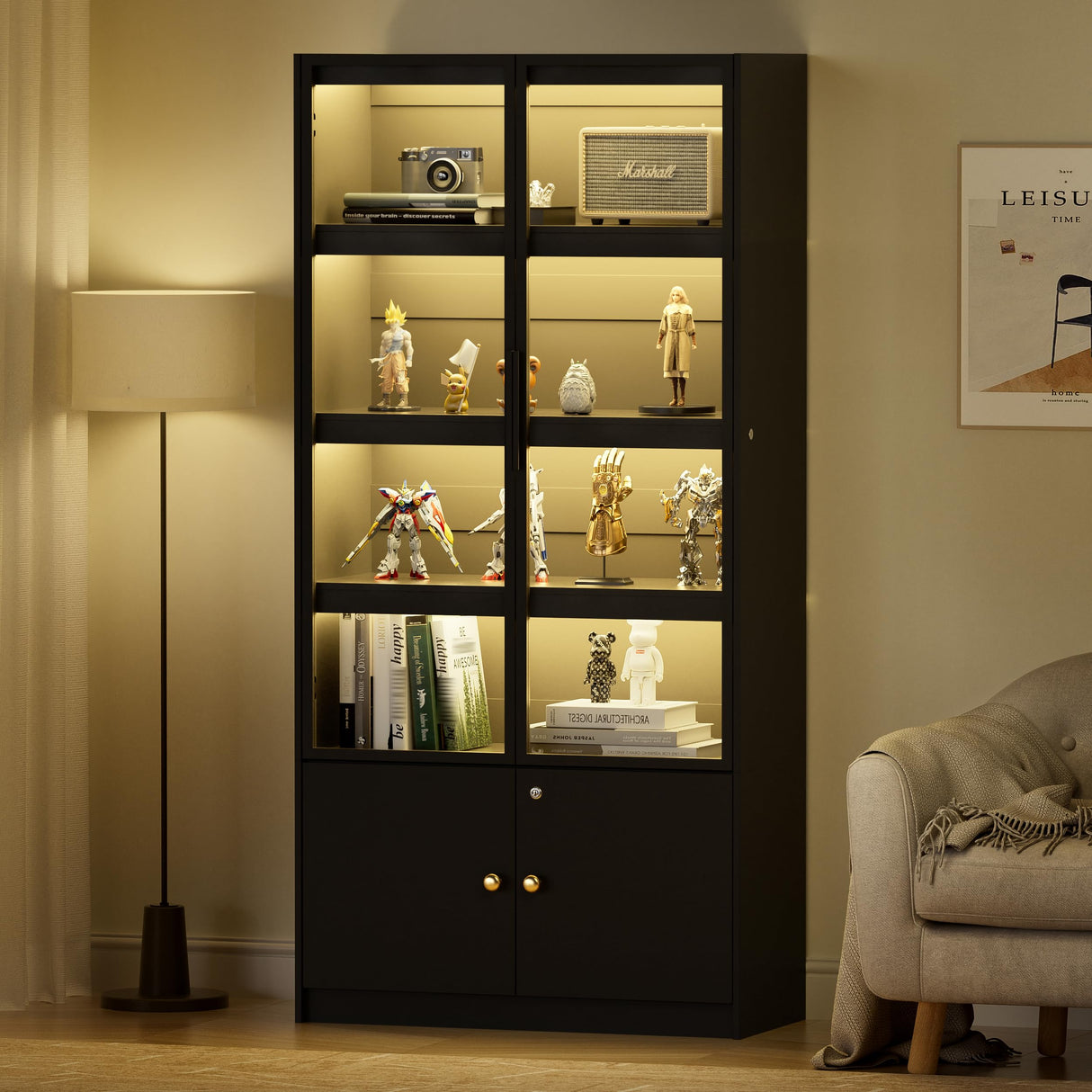 PAKASEPT Display Cabinet with 3 Color Light, 5 Tier Display Case with Glass Doors, 65" Curio Cabinets Display Shelf for Collectibles, Bookcase Bookshelf Display Case Cabinet for Bedroom, Living Room PAKASEPT