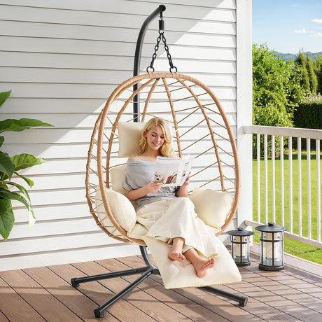 ONBRILL Hanging Egg Chair with Adjustable Footrest & Stand, Wicker Rattan Swing Hammock Chair with Cushion & Double Chains, 350LBS Capacity for Outdoor & Indoor Patio, Deck, Bedroom, Balcony (YE-BE) ONBRILL