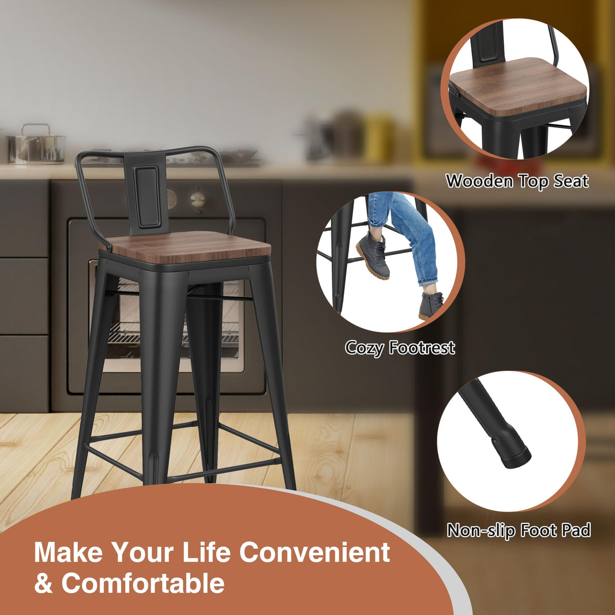 Changjie Furniture 24 Inch Bar Stools Set of 4 Industrial Metal Barstools Counter Height Bar Stool with Backs for Home Kitchen (24 inch, Black) Changjie Furniture