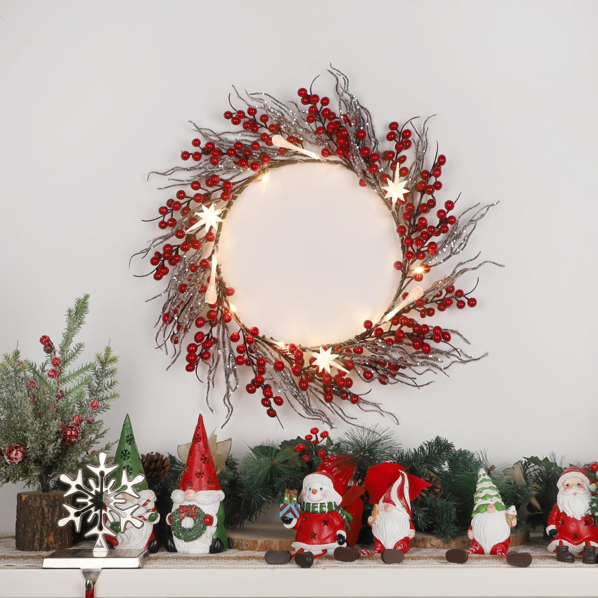 DR.DUDU 22 Inches Lighted Christmas Wreath for Front Door, Battery Operated Red Berry Artificial Wreaths with Light up Snowflakes Ornaments, Christmas Decorations for Home Mantle Holiday Party DR.DUDU