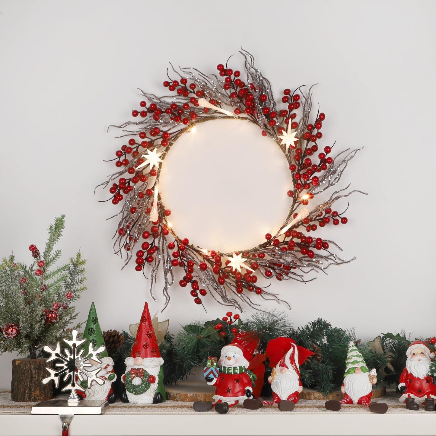 DR.DUDU 22 Inches Lighted Christmas Wreath for Front Door, Battery Operated Red Berry Artificial Wreaths with Light up Snowflakes Ornaments, Christmas Decorations for Home Mantle Holiday Party