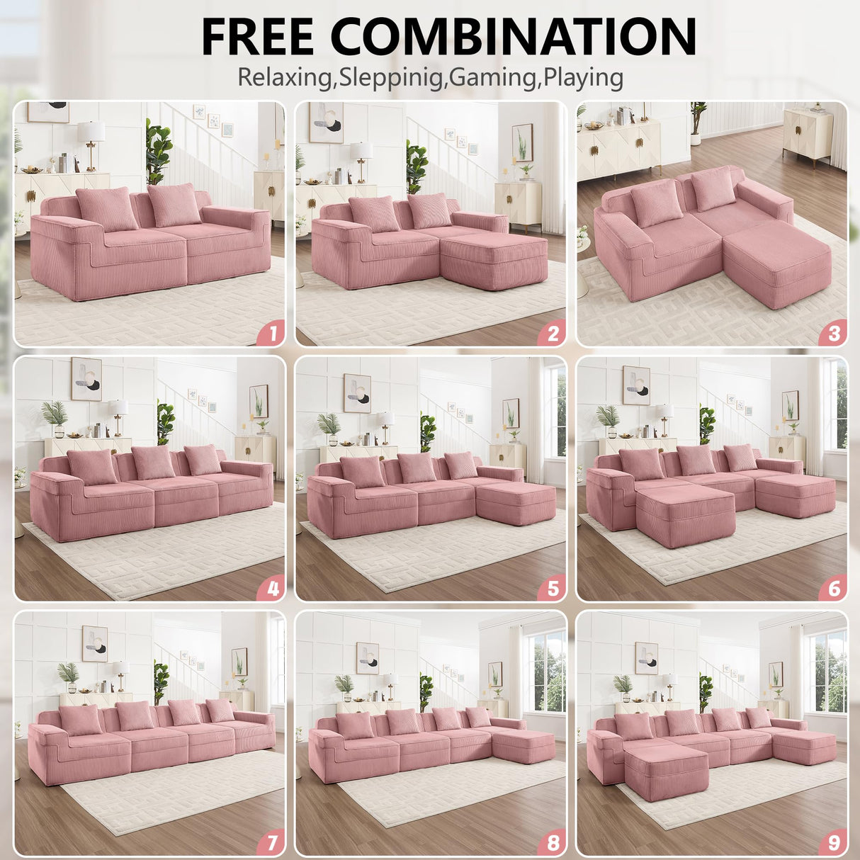 153.5 Cloud Sofa with Deep Seats and Wide Armrests，Boneless Sectional Couch with High Density Memory Foam Sofa, 4 Seater Sofa for Living Room Apartments - No Assembly, Corduroy,Pink HUMEHA