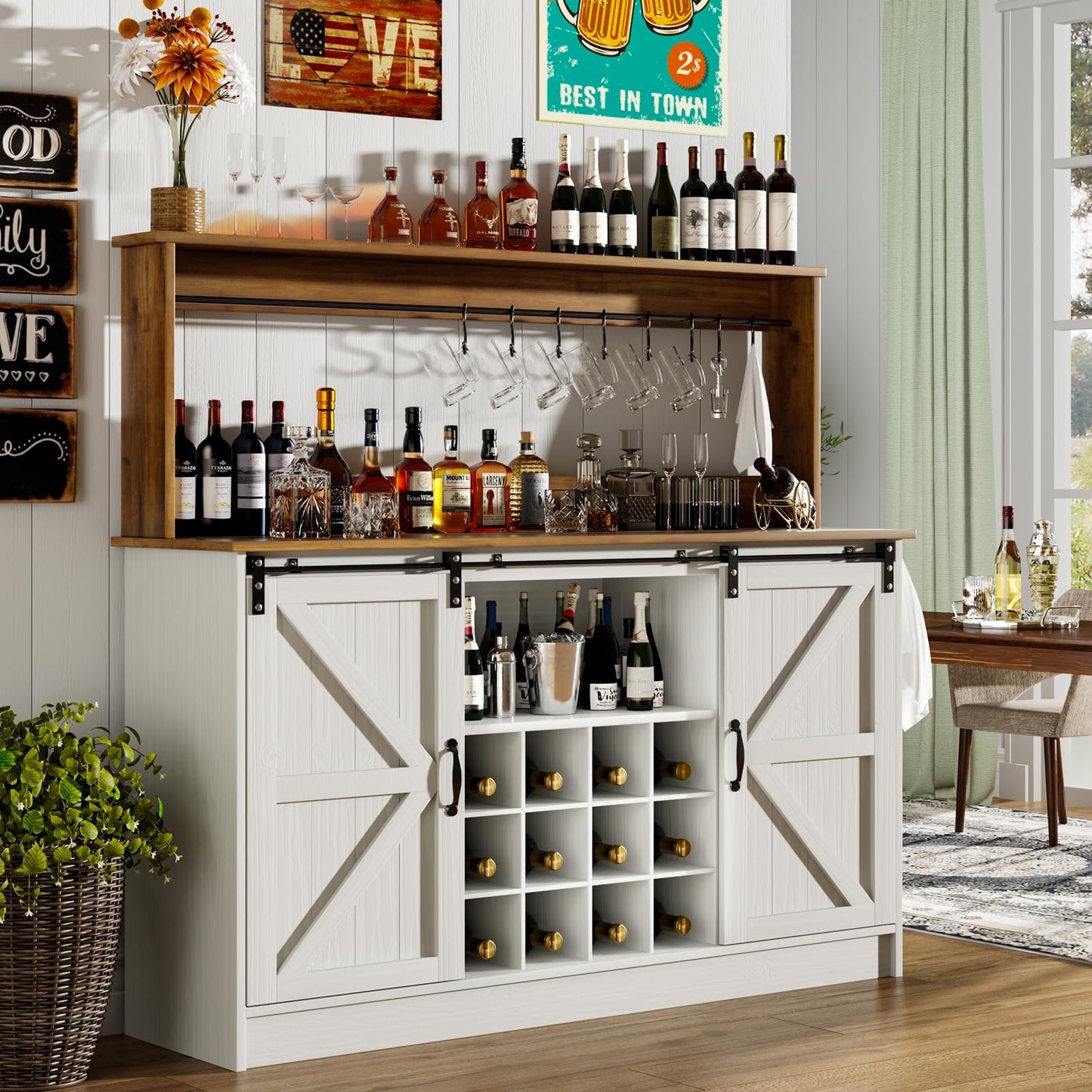 4ever2buy Farmhouse Coffee Bar Cabinet with 8 Hooks, 55” Kitchen Hutch Cabinet with Storage, White Coffee Bar with Sliding Barn Doors, Wine Bar Cabinet with 12 Racks for Living Dining Room