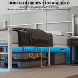 King Size Bed Frame with Headboard - Metal Platform Bed with LED Lights, Charging Station, Under Bed Storage and Heavy Duty Steel Slats Support - No Box Spring Needed, Easy Assembly, White BedNZZZ