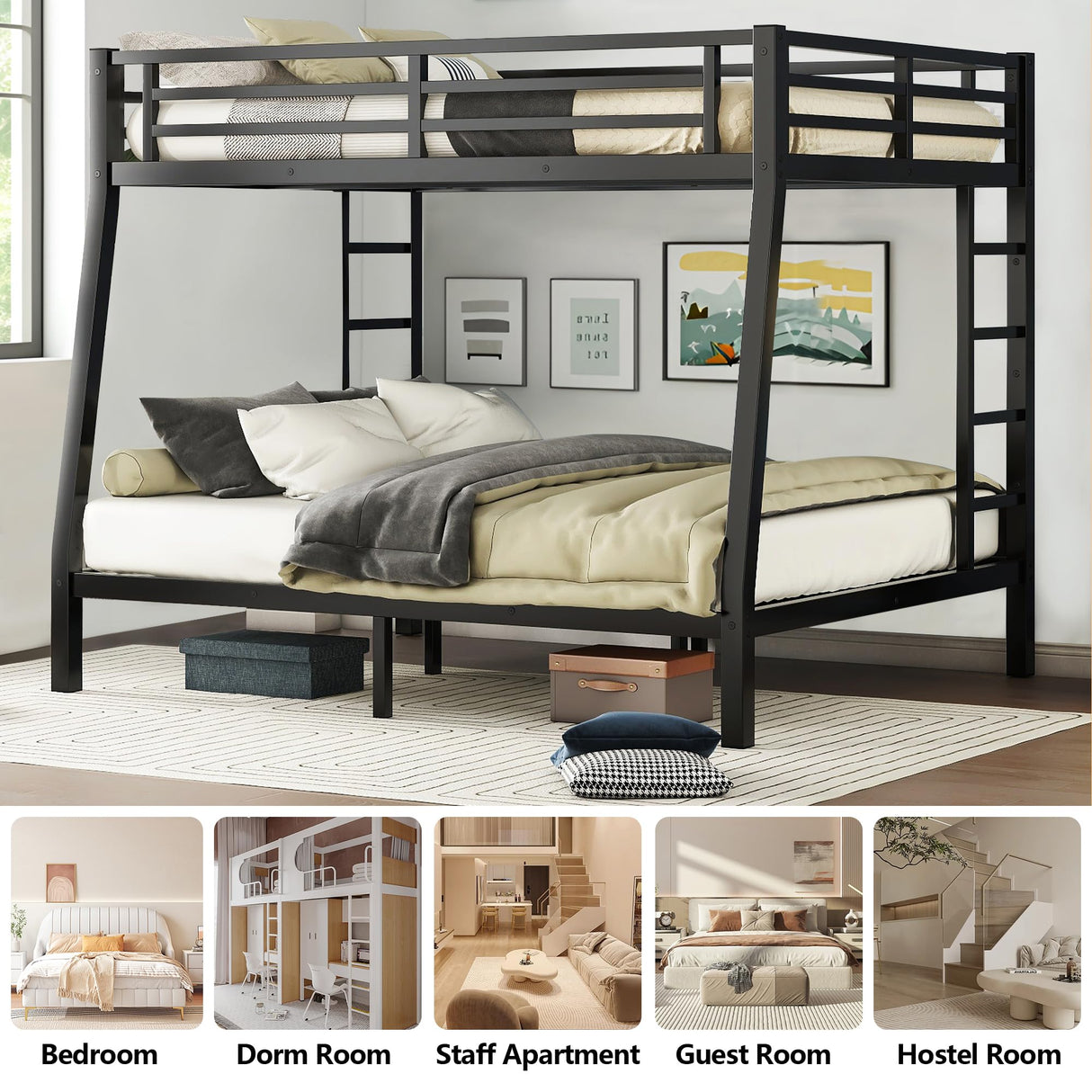 CAPCAEK Full XL Over Queen Bunk Bed Frame for Adults,Metal Bunk Beds with 2 Ladder and Full Length Guardrail,Heavy Buty Bunk Bed Space-Saving (Full XL Over Queen Bunk) CAPCAEK