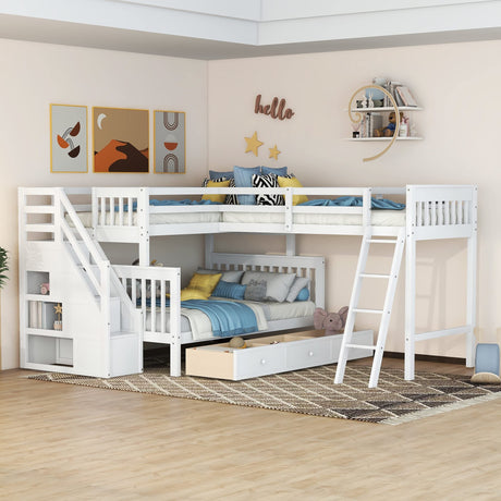 Bellemave L-Shape Triple Bunk Beds with Stairs and Storage Drawers Twin Over Full Bed Attached a Loft Wood Corner Bunked for 3 Kids Boys Girls Teens, White, White Stairs, Bellemave